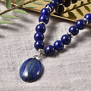 Lapis Lazuli 180.50 ctw Beaded Necklace 18-20 Inches with Elongated Matching Pendant in Silvertone
