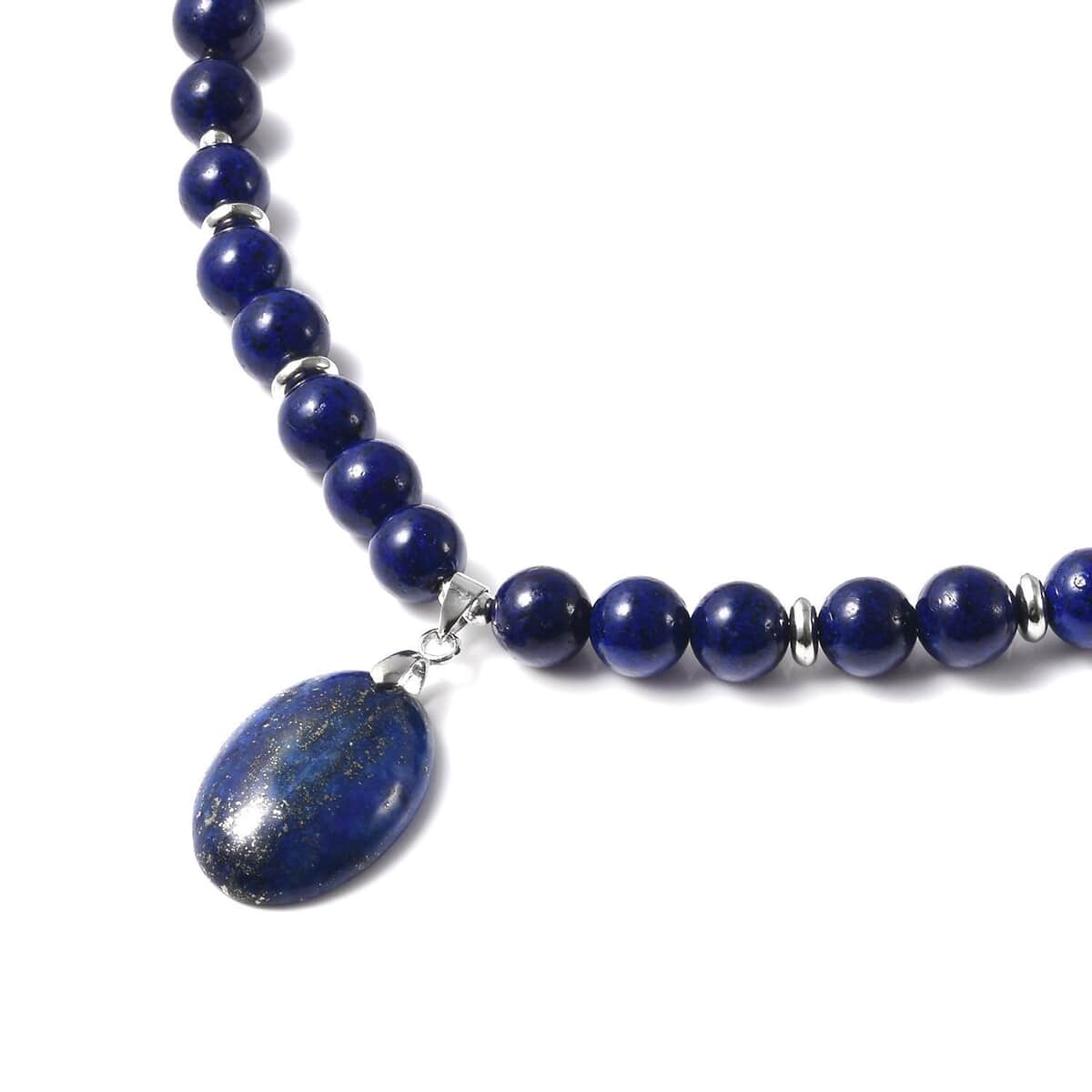 Lapis Lazuli Beaded Necklace 18 Inches with Elongated Matching Pendant in Silvertone 180.50 ctw image number 2