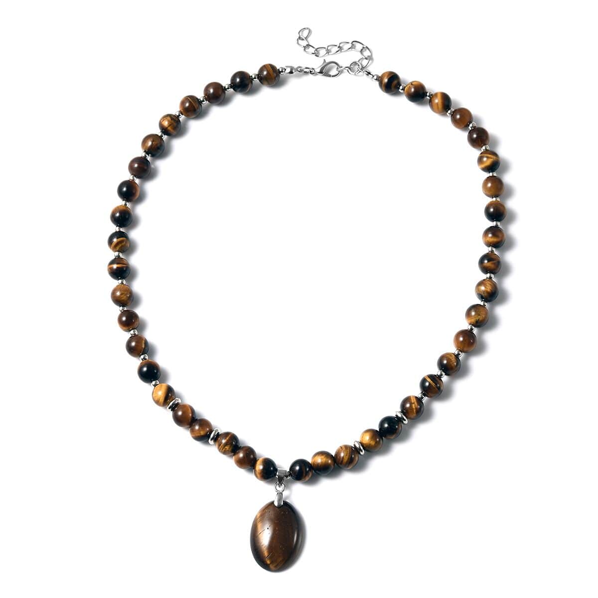 Yellow Tiger's Eye Beaded Necklace 18-20 Inches with Elongated Matching Pendant in Silvertone 180.00 ctw image number 0