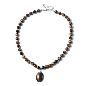 Yellow Tiger's Eye Beaded Necklace 18-20 Inches with Elongated Matching Pendant in Silvertone 180.00 ctw