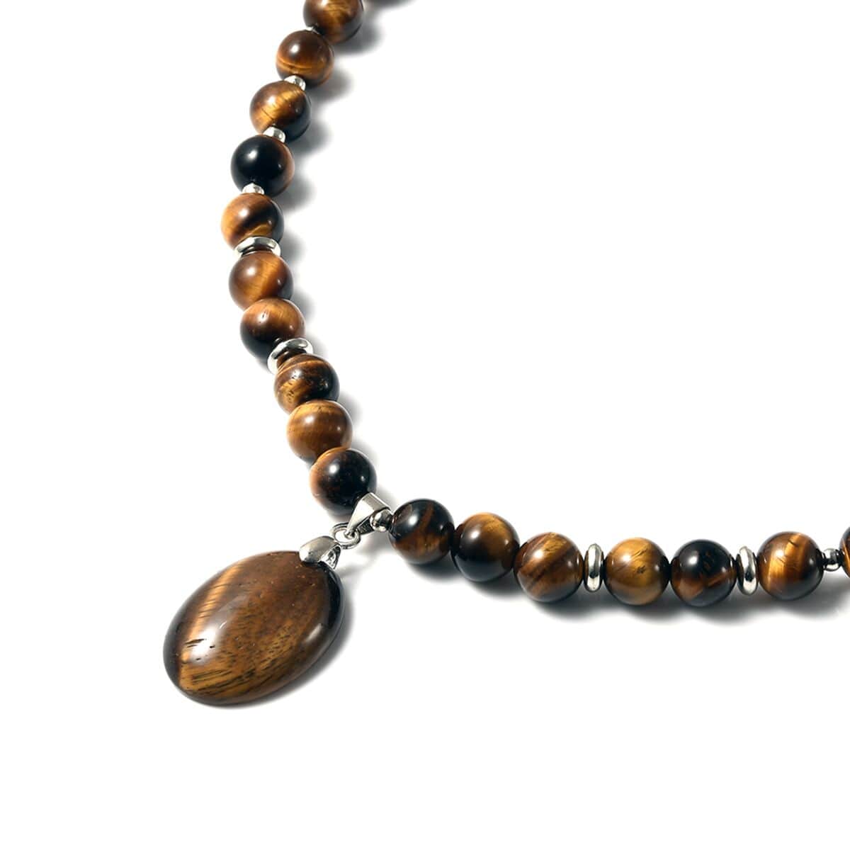 Yellow Tiger's Eye Beaded Necklace 18-20 Inches with Elongated Matching Pendant in Silvertone 180.00 ctw image number 2