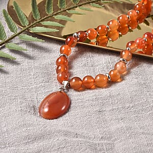Enhanced Red Agate 157.00 ctw Beaded Necklace with Elongated Matching Pendant in Silvertone 18-20 Inches
