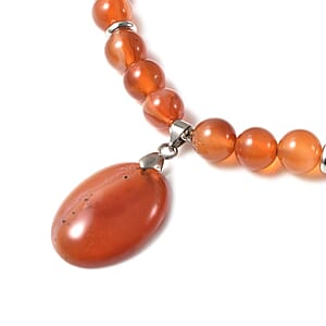 Enhanced Red Agate 157.00 ctw Beaded Necklace with Elongated Matching Pendant in Silvertone 18-20 Inches