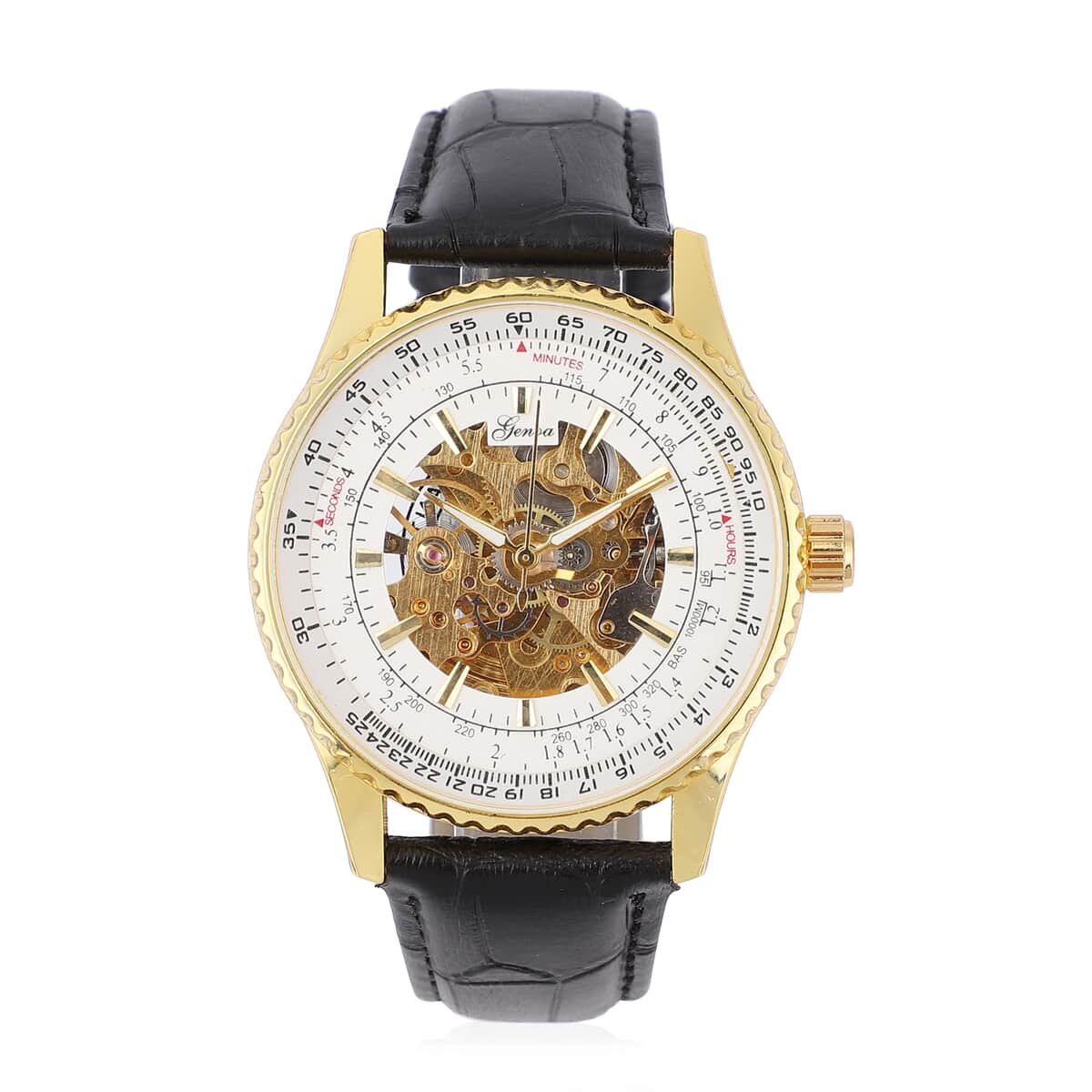 GENOA Automatic Mechanical Movement Watch with White Hollow-Out Dial and Black Leather Strap image number 0