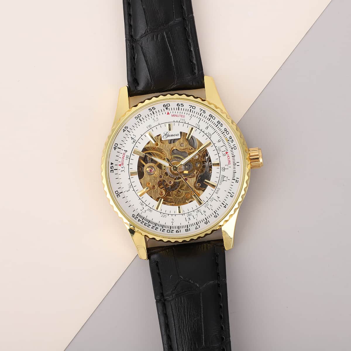GENOA Automatic Mechanical Movement Watch with White Hollow-Out Dial and Black Leather Strap image number 1
