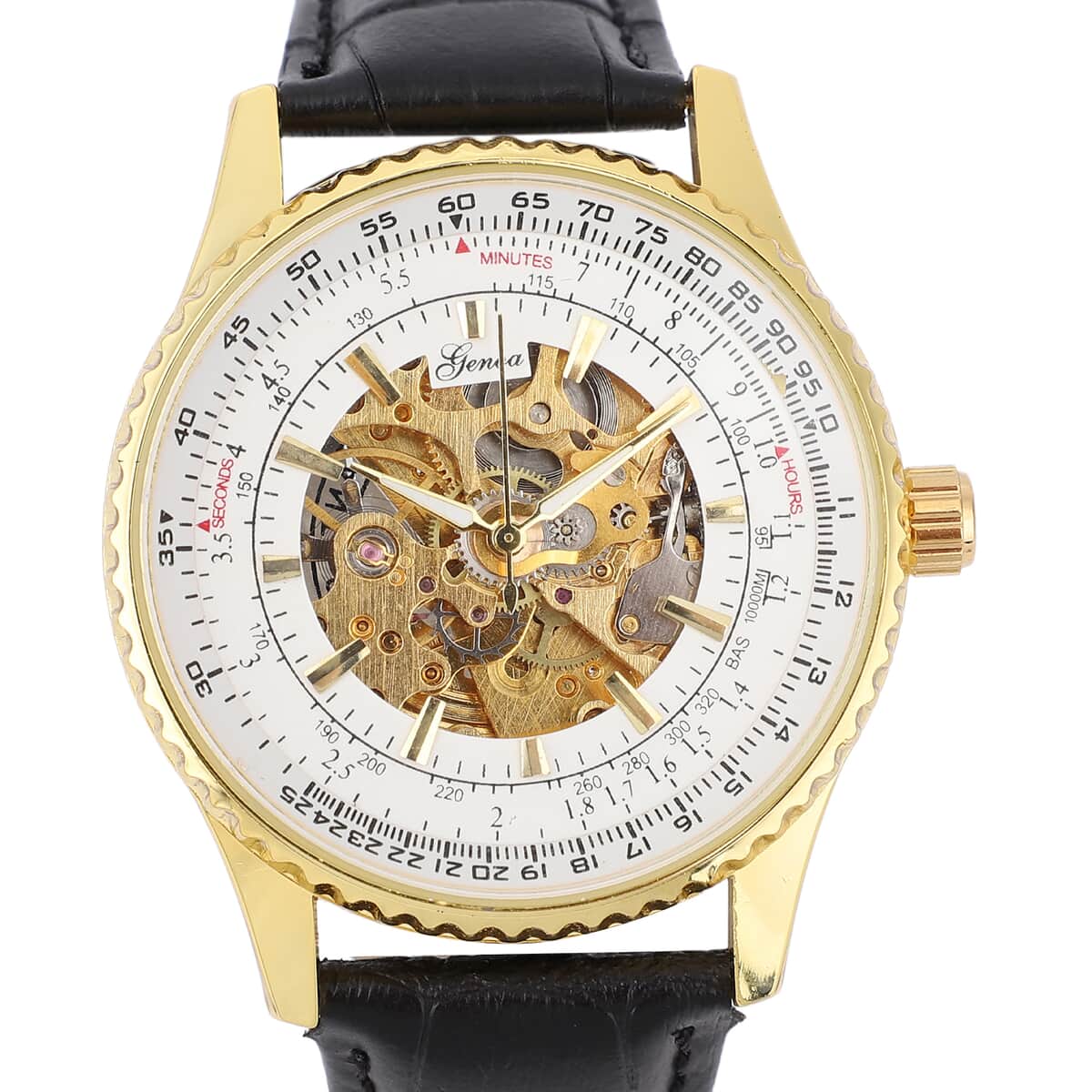GENOA Automatic Mechanical Movement Watch with White Hollow-Out Dial and Black Leather Strap image number 3