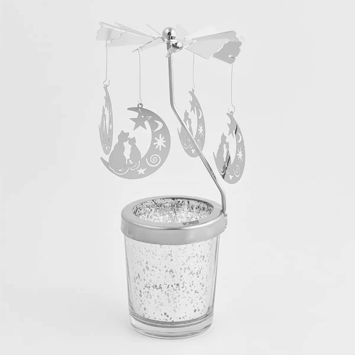 Moon-inspired Spinning Candle Holder with a Tea Light Candle - Silver (3.14"x3.14"x6.29") image number 0