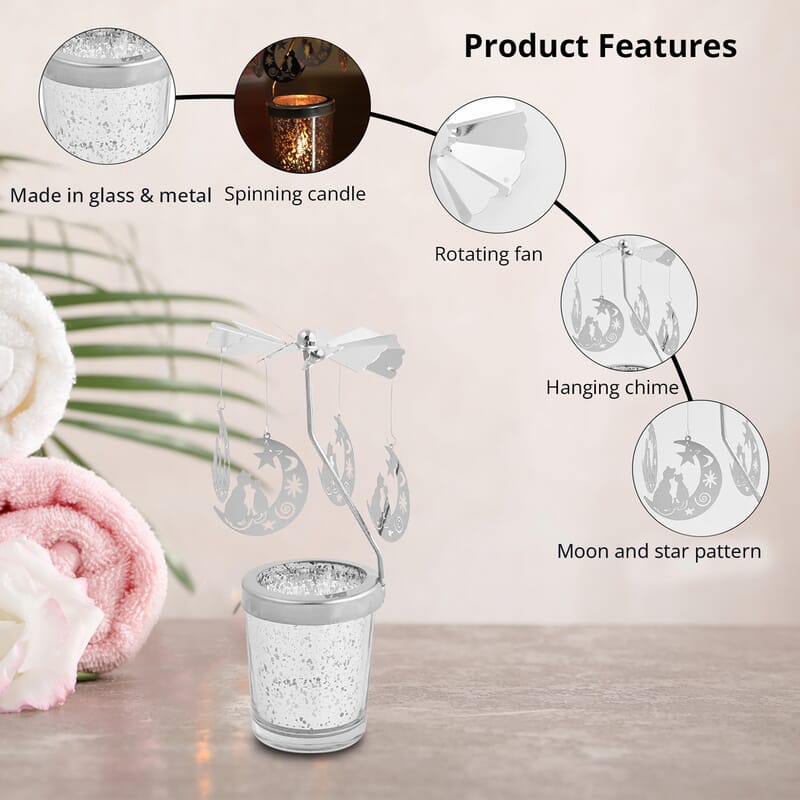 Moon Inspired Spinning Tealight Candle Holder with a Tea Light Candle, Rotating Tea Light Candle Holder With Moon Charms, Spinning Moon Chimes Candle Holder