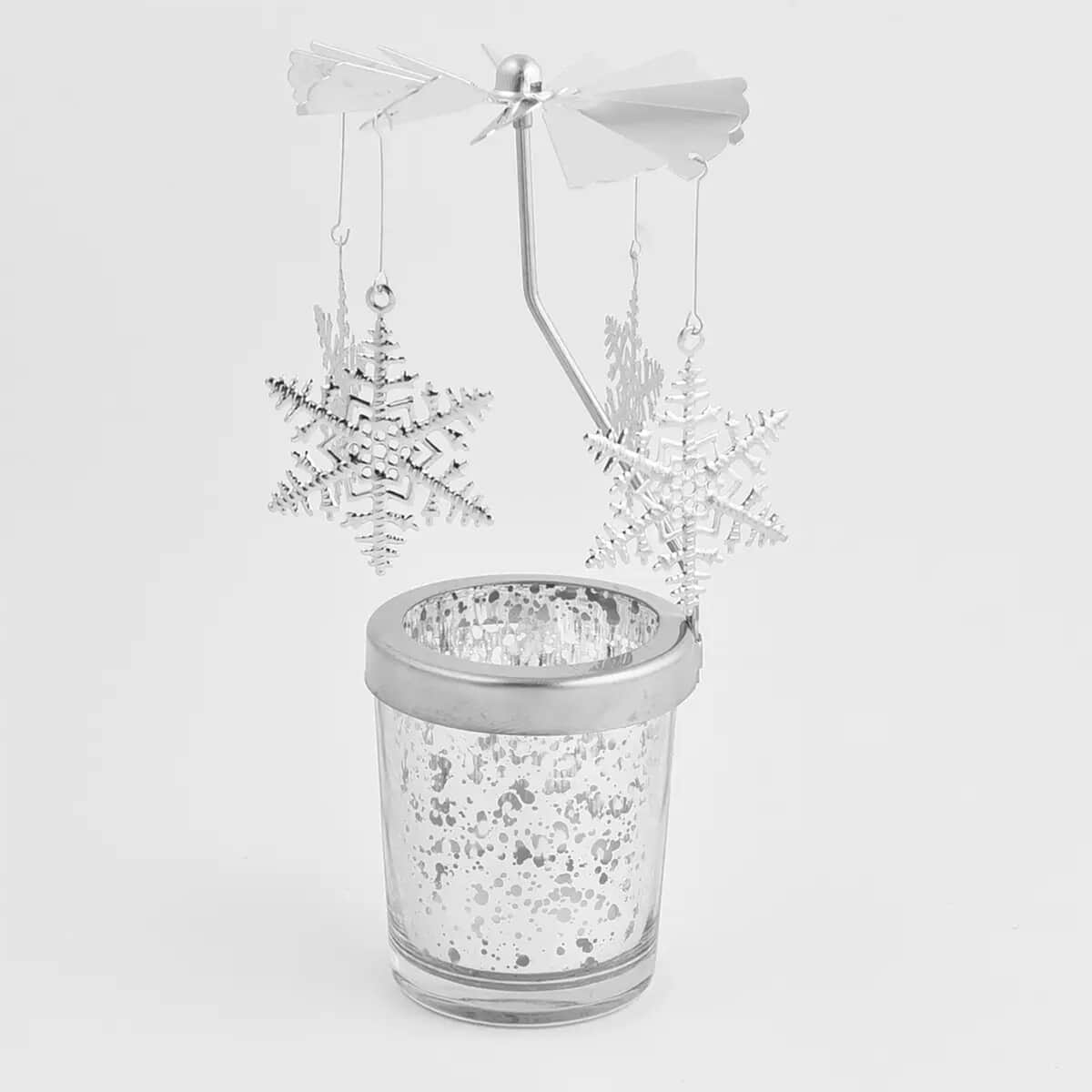 Snowflake Inspired Spinning Tealight Candle Holder with a Tea Light Candle, Rotating Tea Light Candle Holder With Snowflake Charms, Spinning Snowflake Chimes Candle Holder image number 0