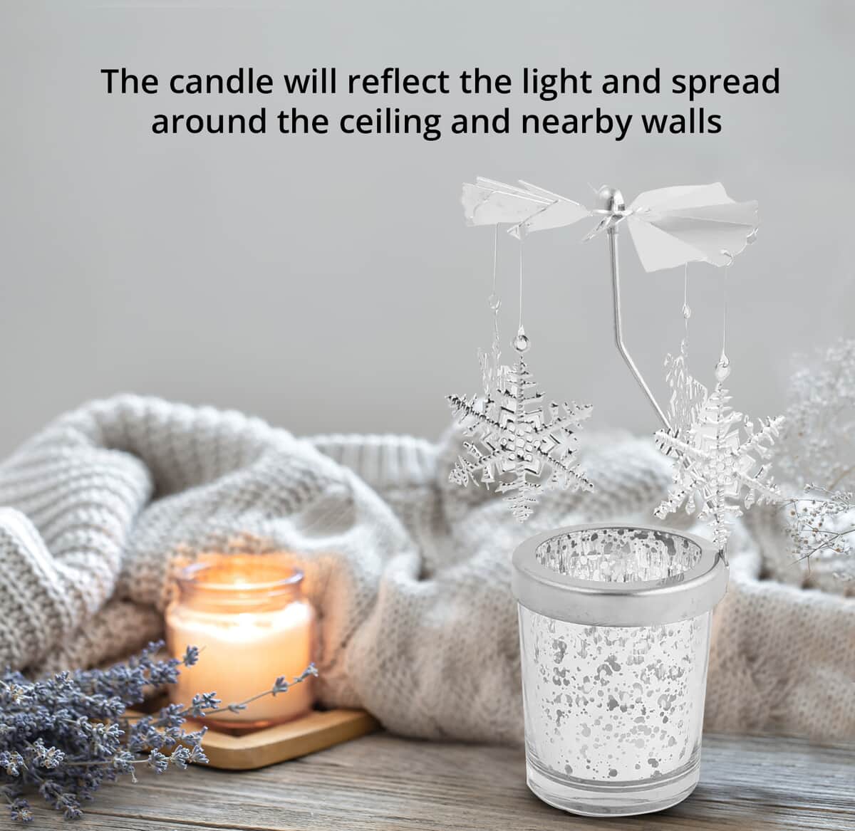 Snowflake Inspired Spinning Tealight Candle Holder with a Tea Light Candle, Rotating Tea Light Candle Holder With Snowflake Charms, Spinning Snowflake Chimes Candle Holder image number 2