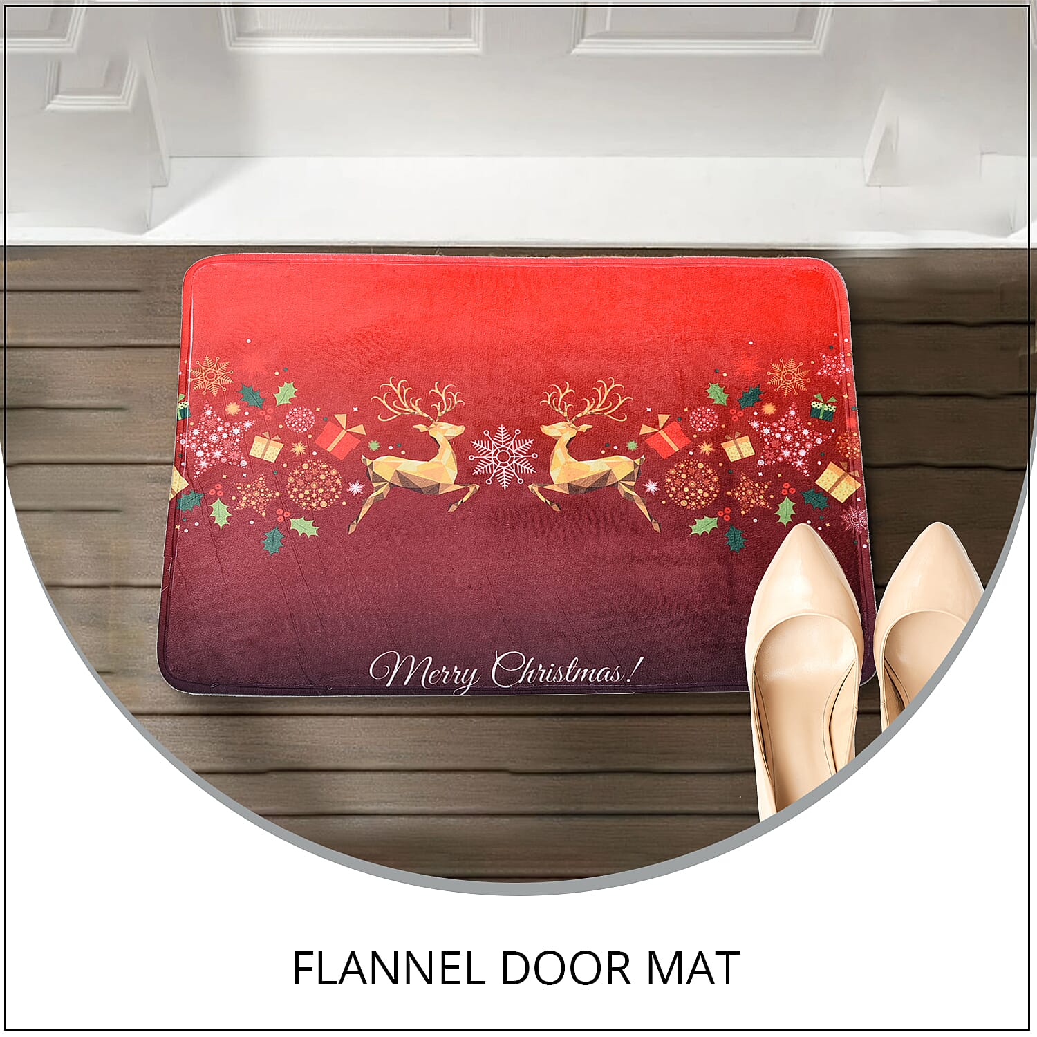 Christmas Theme Flannel Door Mat with Deer Pattern - Red