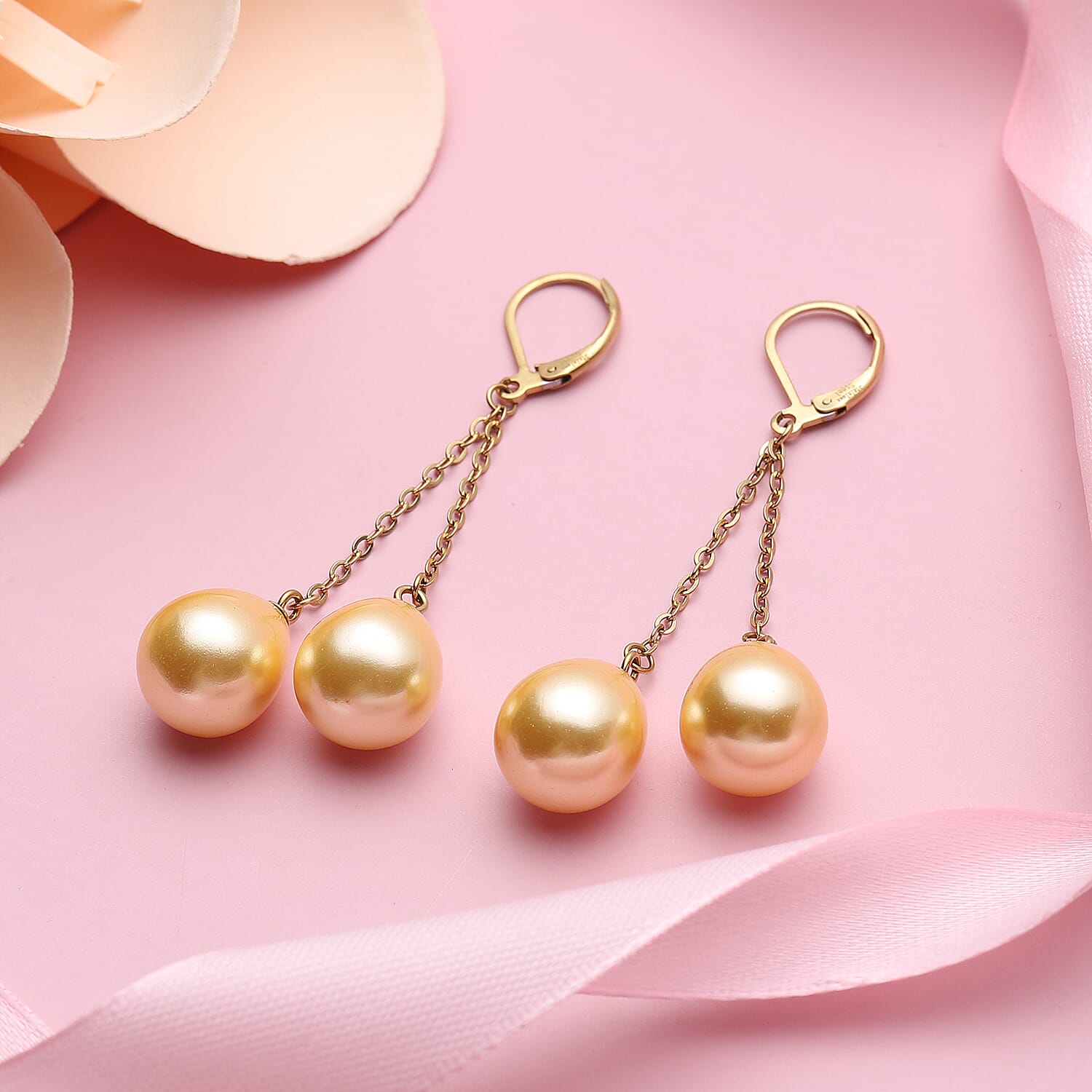 Golden Color Shell Pearl Earrings in ION Plated YG Stainless Steel