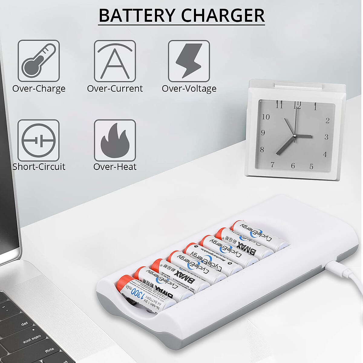 8-Slot USB Battery Charger with 8 Rechargeable Batteries image number 1