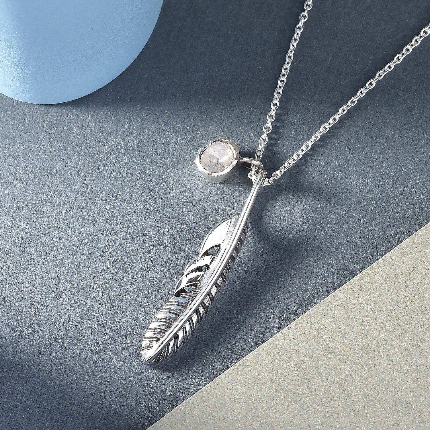 Polki Diamond Feather Charm Necklace 20 Inches in Sterling Silver 0.15 ctw