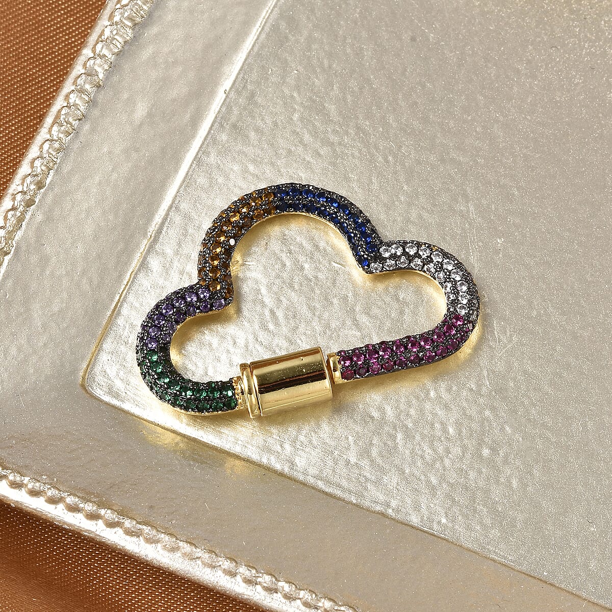 Cloud Shaped Multi Rainbow Color Zircon Carabiner Screw Lock Ring Clasp Charm Enhancer in Goldtone image number 1
