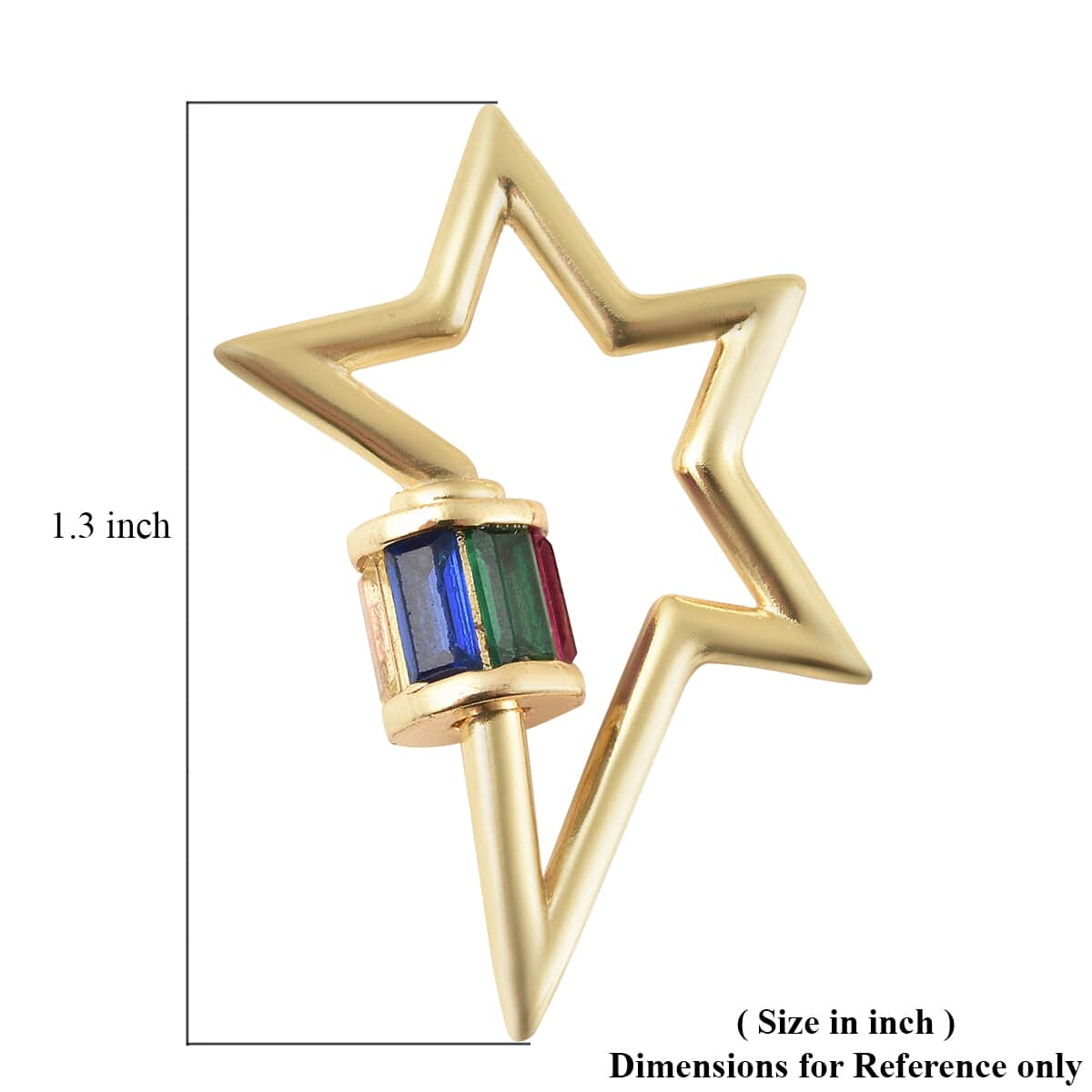 Elongated Star Shaped Multi Rainbow Color Zircon Baguette Accent Carabiner Screw Lock Ring Clasp Charm Enhancer in Goldtone image number 3