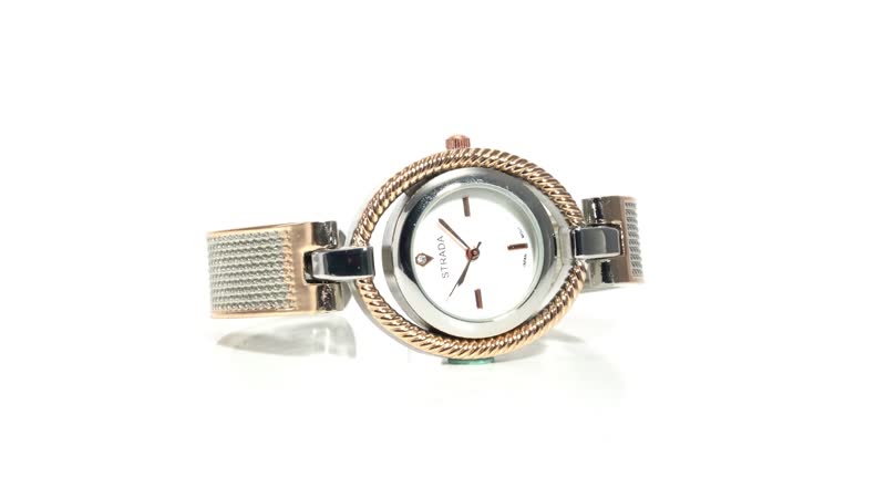 STRADA White Austrian Crystal Japanese Movement Ladies Bangle Watch in Dualtone (6.50 In)