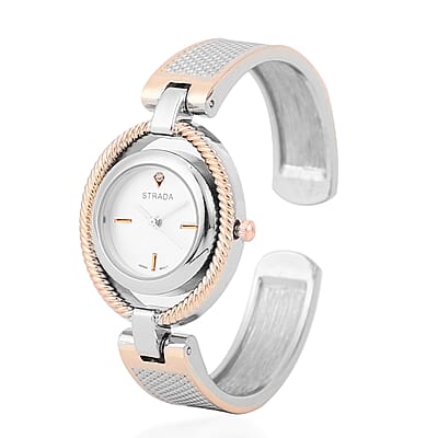 Strada White Austrian Crystal Japanese Movement Bangle Watch in Dualtone (6.50 In)