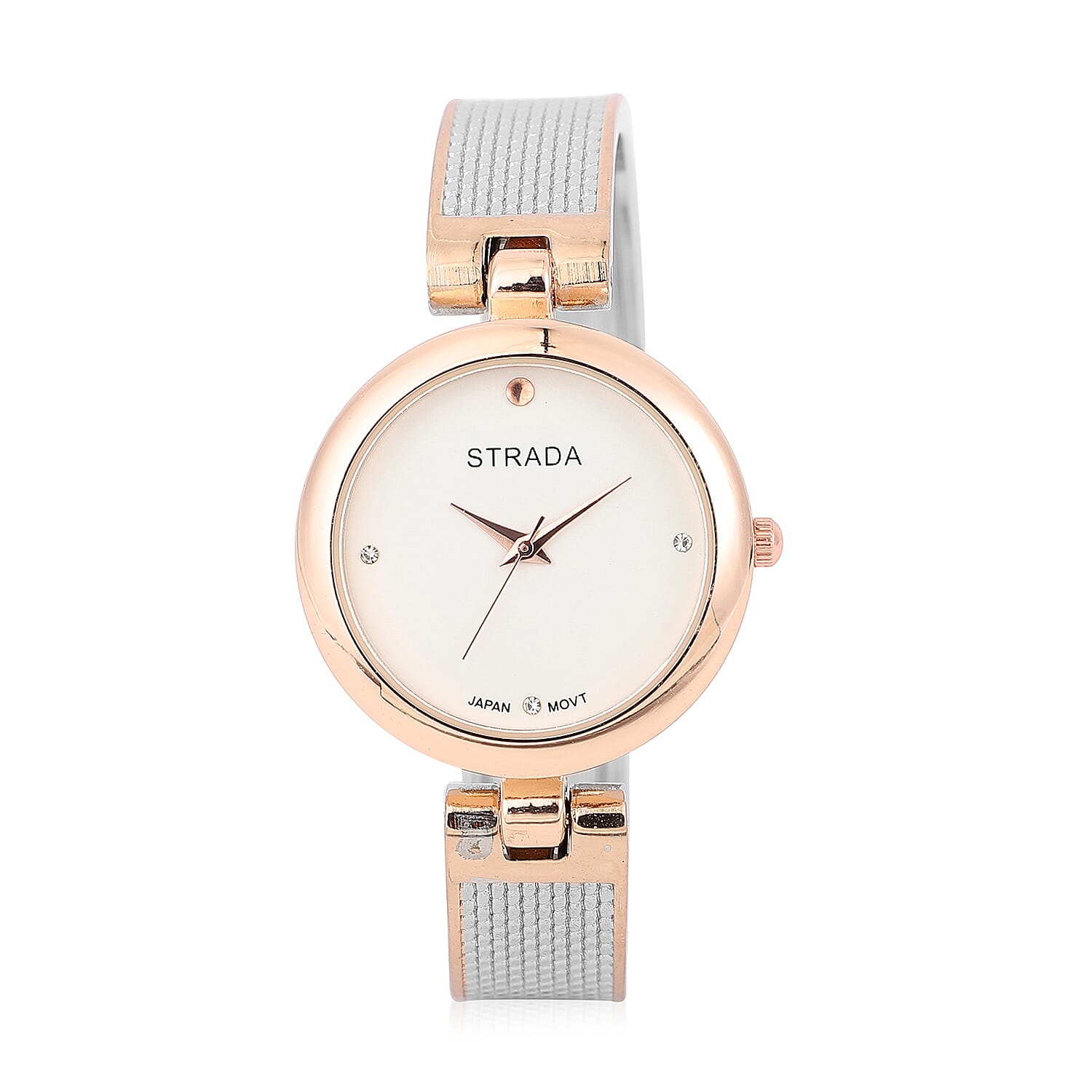 Strada White Austrian Crystal Japanese Movement Bangle Watch in Silvertone and Rosetone