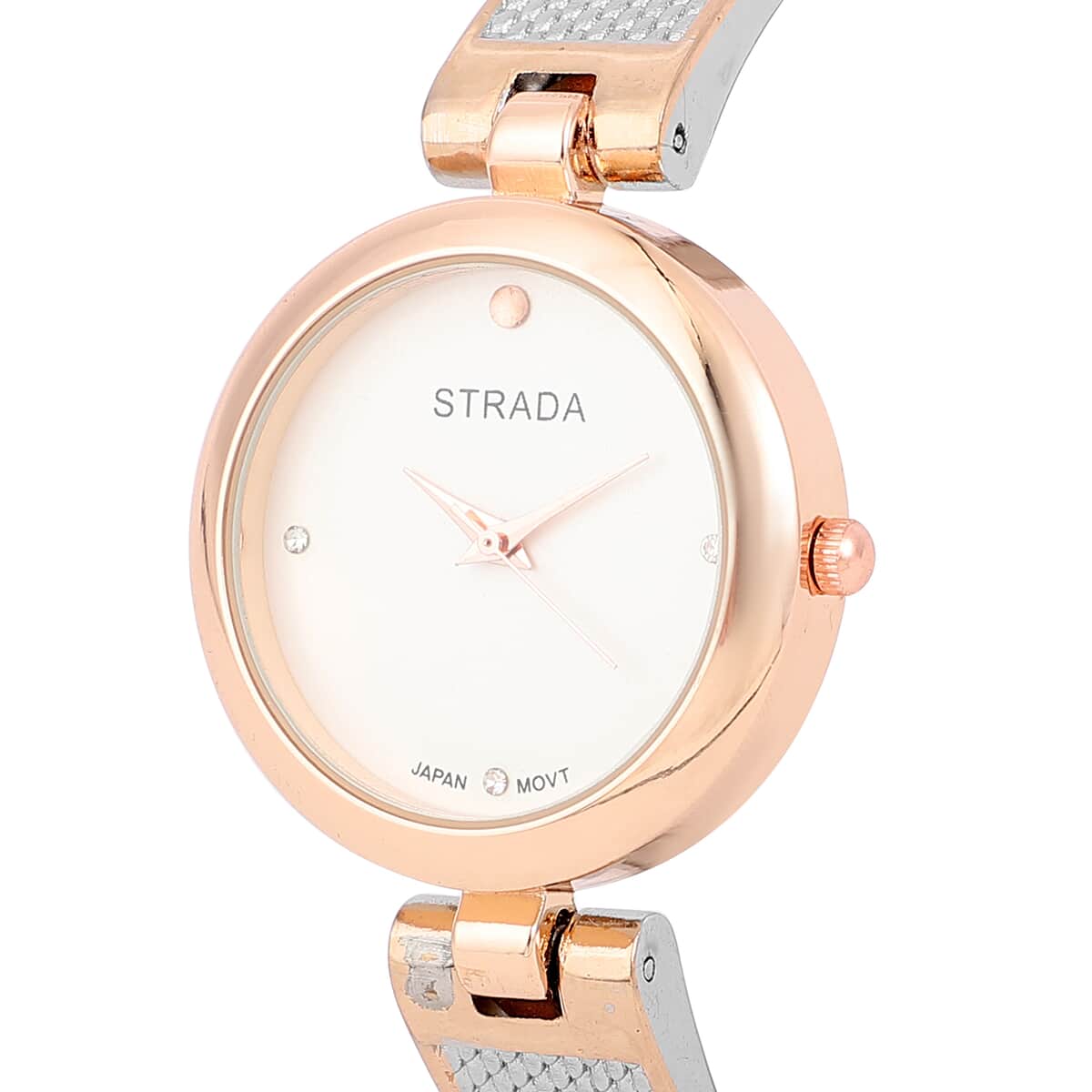 Strada White Austrian Crystal Japanese Movement Bangle Watch in Silvertone and Rosetone image number 3