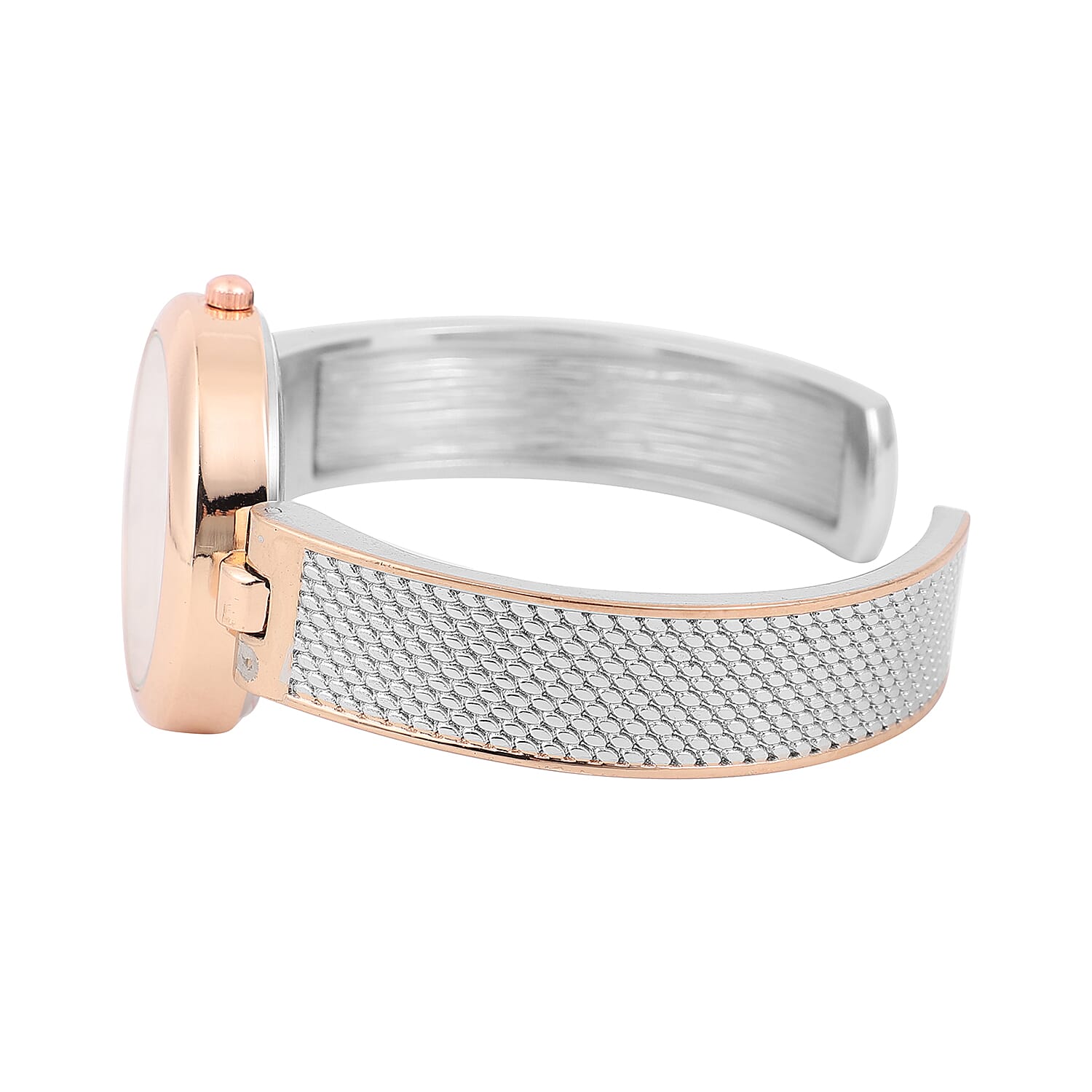 Strada White Austrian Crystal Japanese Movement Bangle Watch in Silvertone and Rosetone