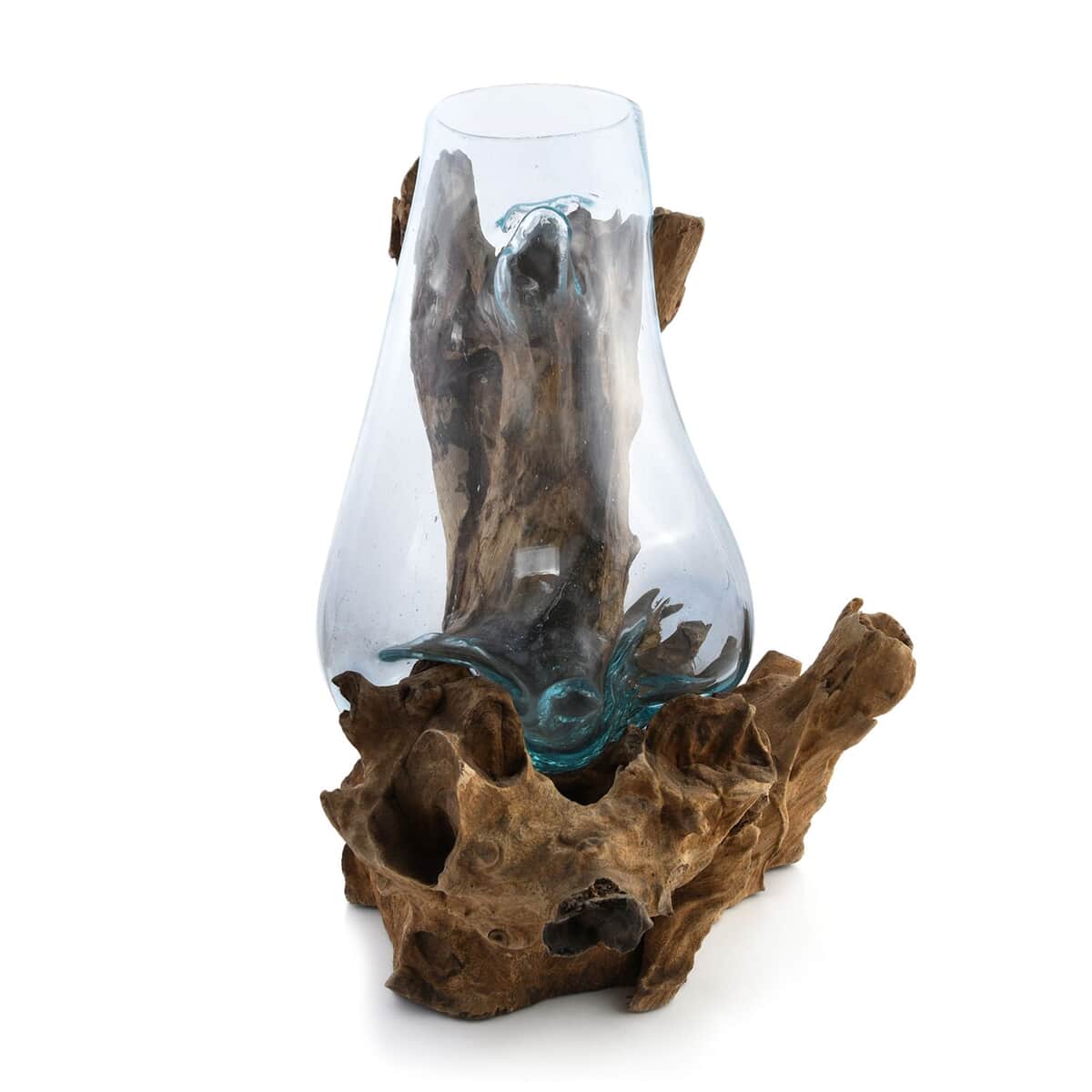 Designer Inspired Artisan Commissioned Bali Handblown Vase Glass with Wood Base image number 1