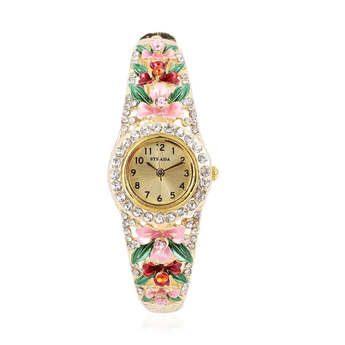 Strada Multi Color Austrian Crystal Japanese Movement Flower Pattern Bangle Watch in Goldtone (23.87mm) (6.50 in) 3.75 ctw image number 0
