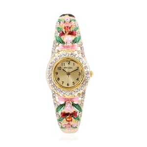 Strada Multi Color Austrian Crystal Japanese Movement Flower Pattern Bangle Watch in Goldtone (23.87mm) (6.50 in) 3.75 ctw
