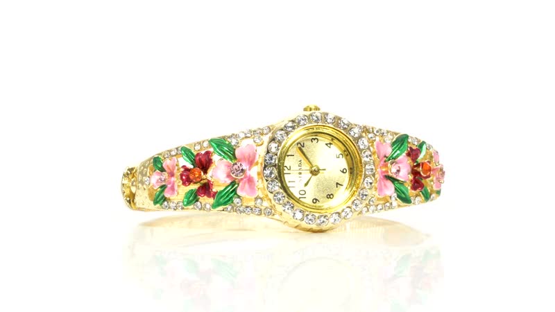 STRADA Multi Color Austrian Crystal Japanese Movement Flower Pattern Bangle Watch in Goldtone (23.87mm) (6.50 in) 3.75 ctw