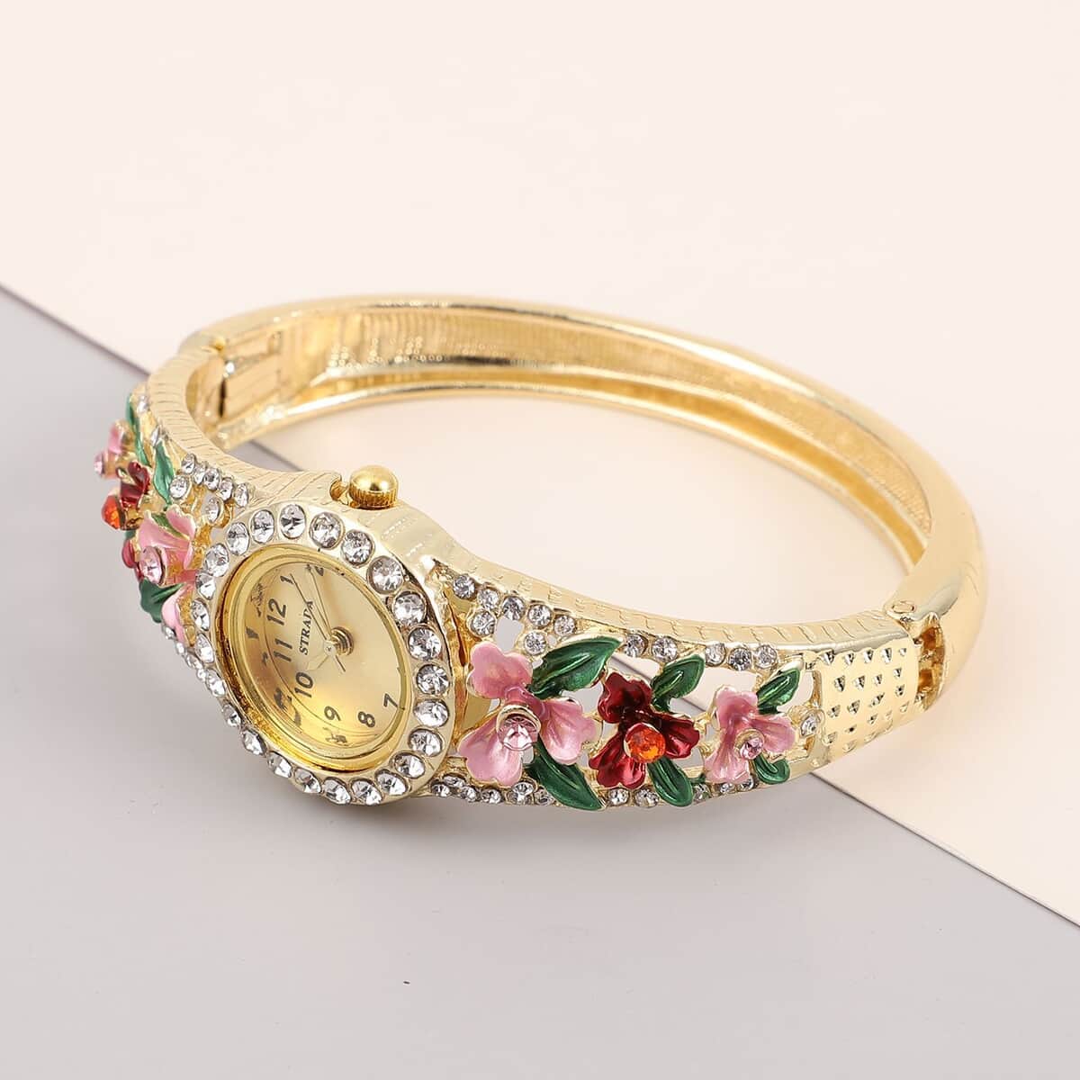 Strada Multi Color Austrian Crystal Japanese Movement Flower Pattern Bangle Watch in Goldtone (23.87mm) (6.50 in) 3.75 ctw image number 1