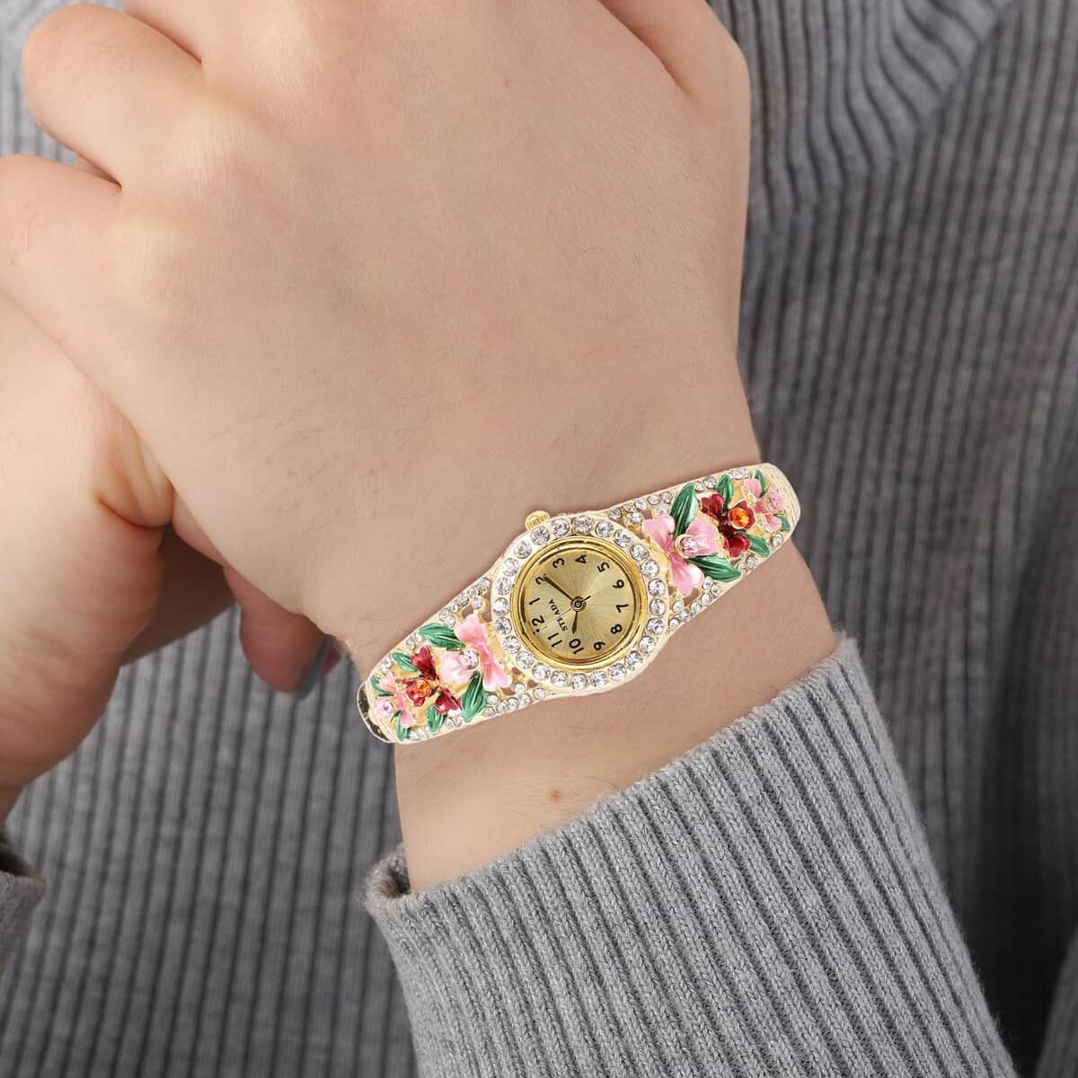 Strada Multi Color Austrian Crystal Japanese Movement Flower Pattern Bangle Watch in Goldtone (23.87mm) (6.50 in) 3.75 ctw image number 2