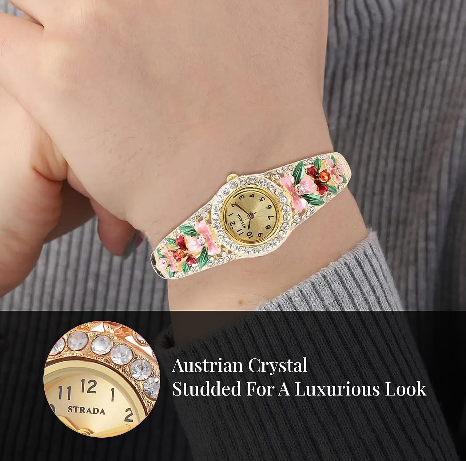 Strada Multi Color Austrian Crystal 3.75 ctw Japanese Movement Flower Pattern Bangle Watch in Goldtone (23.87mm) (6.50 in)