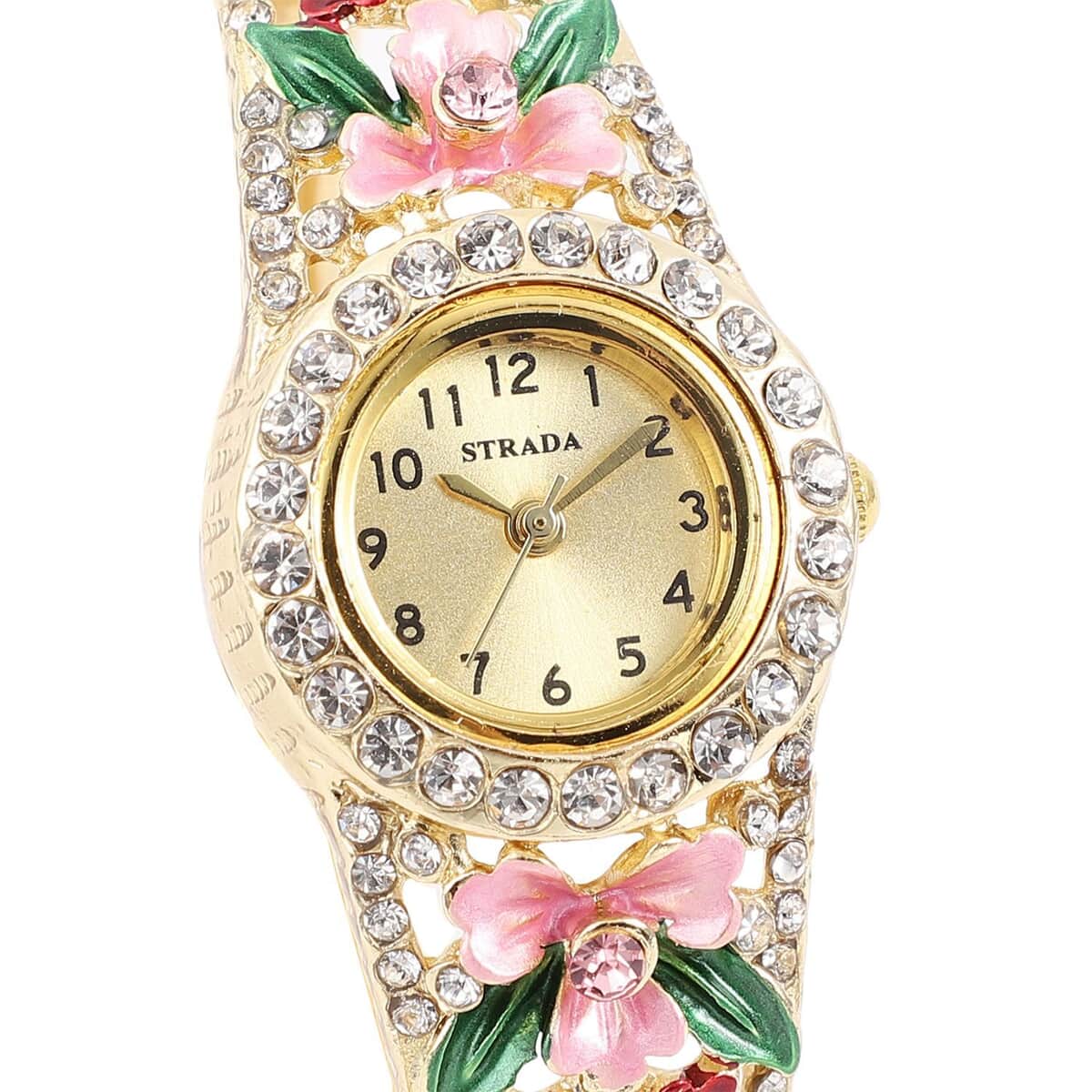 Strada Multi Color Austrian Crystal Japanese Movement Flower Pattern Bangle Watch in Goldtone (23.87mm) (6.50 in) 3.75 ctw image number 3