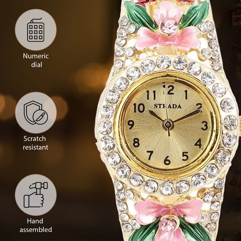Strada Multi Color Austrian Crystal 3.75 ctw Japanese Movement Flower Pattern Bangle Watch in Goldtone (23.87mm) (6.50 in)