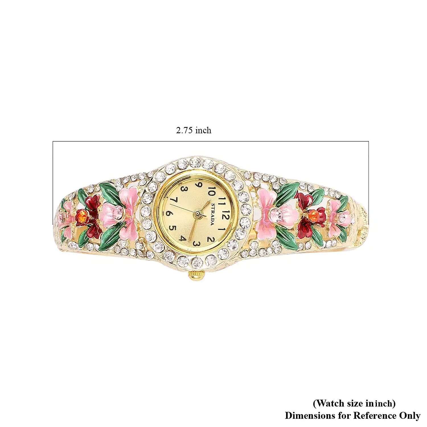 Strada Multi Color Austrian Crystal 3.75 ctw Japanese Movement Flower Pattern Bangle Watch in Goldtone (23.87mm) (6.50 in)