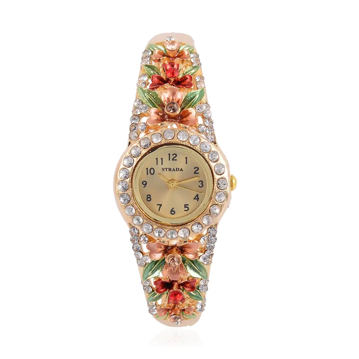 Strada Multi Color Austrian Crystal 3.75 ctw Japanese Movement Flower Pattern Bangle Watch in Goldtone (23.87mm) (6.50 in) image number 0