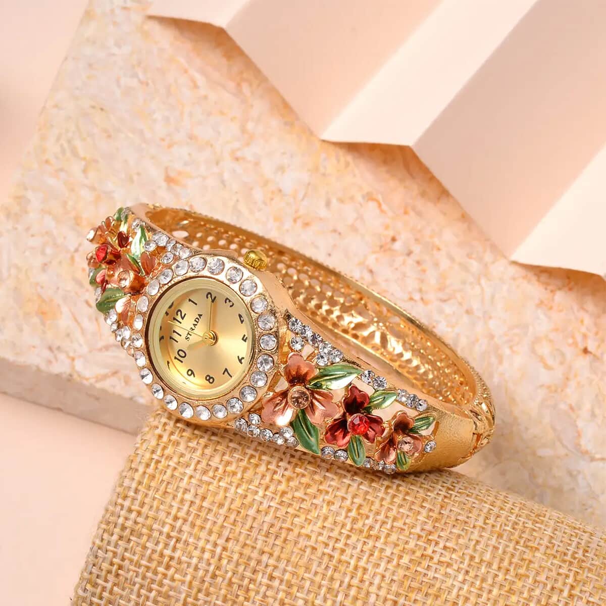 Strada Multi Color Austrian Crystal 3.75 ctw Japanese Movement Flower Pattern Bangle Watch in Goldtone (23.87mm) (6.50 in) image number 1