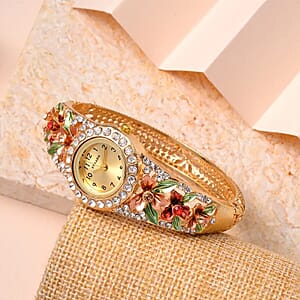 Strada Multi Color Austrian Crystal 3.75 ctw Japanese Movement Flower Pattern Bangle Watch in Goldtone (23.87mm) (6.50 in)