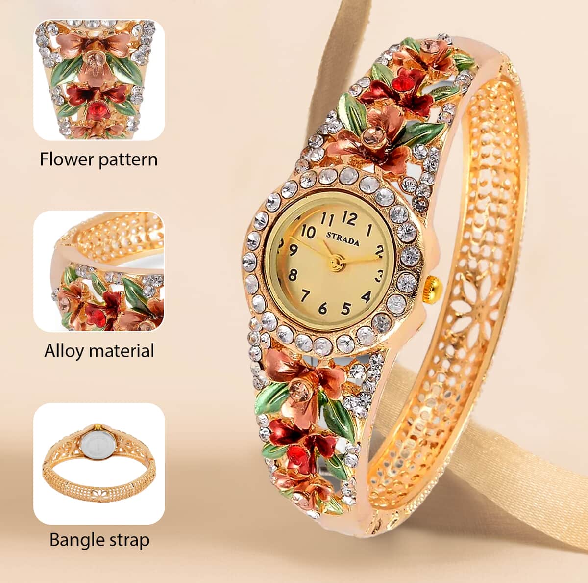 Strada Multi Color Austrian Crystal 3.75 ctw Japanese Movement Flower Pattern Bangle Watch in Goldtone (23.87mm) (6.50 in) image number 2