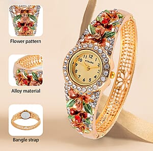 Strada Multi Color Austrian Crystal 3.75 ctw Japanese Movement Flower Pattern Bangle Watch in Goldtone (23.87mm) (6.50 in)