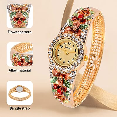 Strada Multi Color Austrian Crystal 3.75 ctw Japanese Movement Flower Pattern Bangle Watch in Goldtone (23.87mm) (6.50 in)