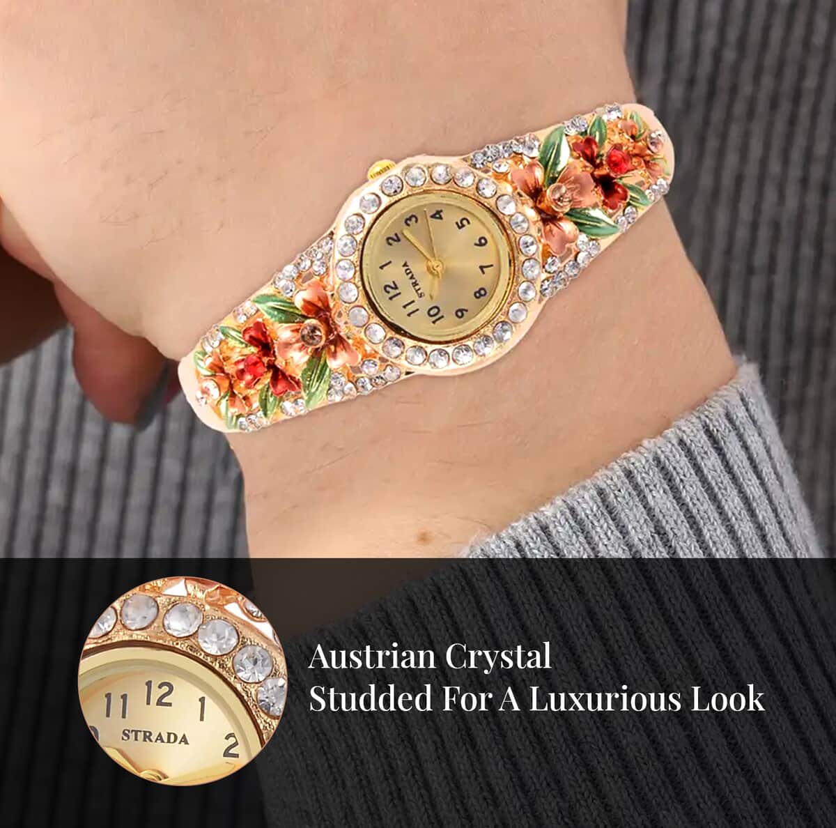 Strada Multi Color Austrian Crystal 3.75 ctw Japanese Movement Flower Pattern Bangle Watch in Goldtone (23.87mm) (6.50 in) image number 3