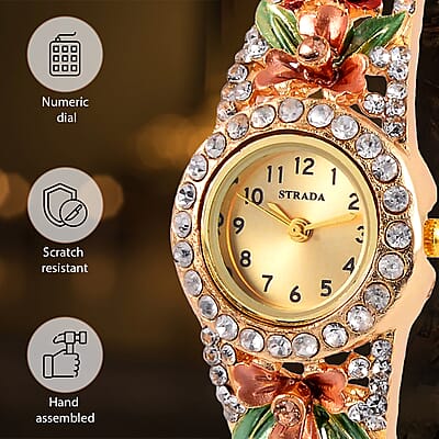 Strada Multi Color Austrian Crystal 3.75 ctw Japanese Movement Flower Pattern Bangle Watch in Goldtone (23.87mm) (6.50 in)