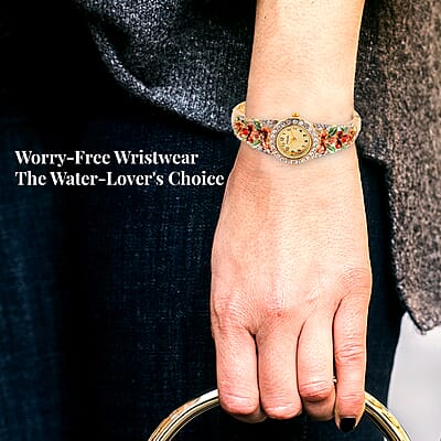 Strada Multi Color Austrian Crystal 3.75 ctw Japanese Movement Flower Pattern Bangle Watch in Goldtone (23.87mm) (6.50 in)