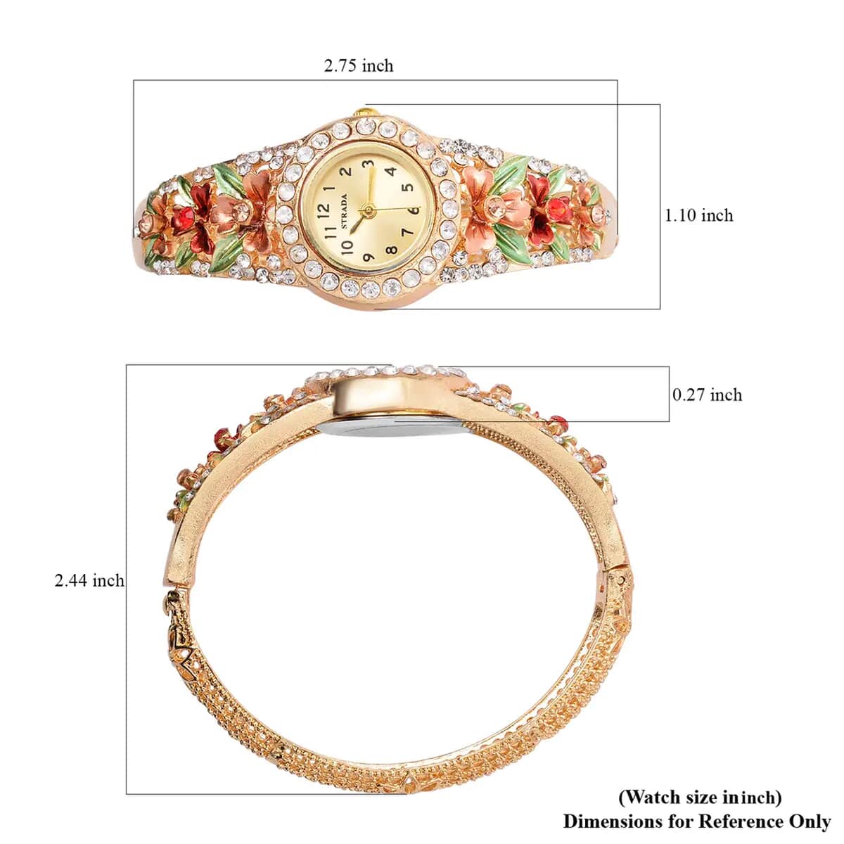 Strada Multi Color Austrian Crystal 3.75 ctw Japanese Movement Flower Pattern Bangle Watch in Goldtone (23.87mm) (6.50 in) image number 6