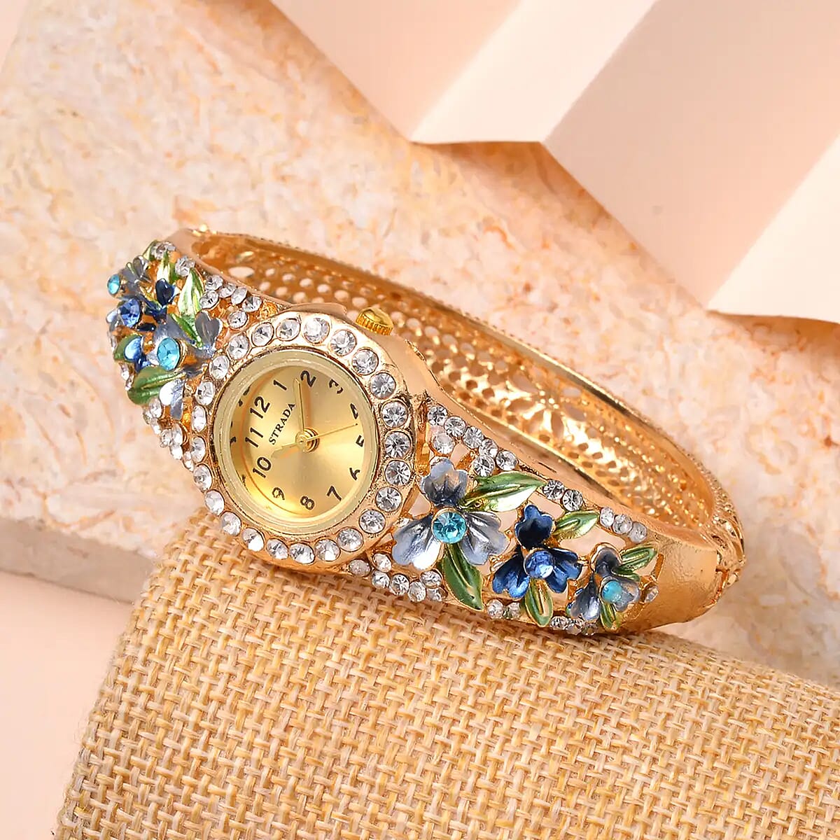 Strada Multi Color Austrian Crystal 3.75 ctw Japanese Movement Flower Pattern Bangle Watch in Goldtone (23.87mm) (6.50 in) image number 1