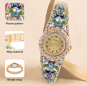 Strada Multi Color Austrian Crystal 3.75 ctw Japanese Movement Flower Pattern Bangle Watch in Goldtone (23.87mm) (6.50 in)