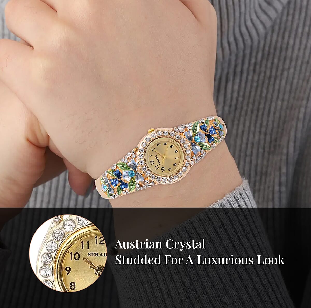Strada Multi Color Austrian Crystal 3.75 ctw Japanese Movement Flower Pattern Bangle Watch in Goldtone (23.87mm) (6.50 in) image number 3