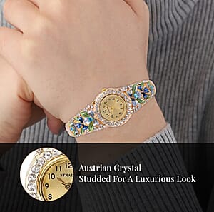 Strada Multi Color Austrian Crystal 3.75 ctw Japanese Movement Flower Pattern Bangle Watch in Goldtone (23.87mm) (6.50 in)