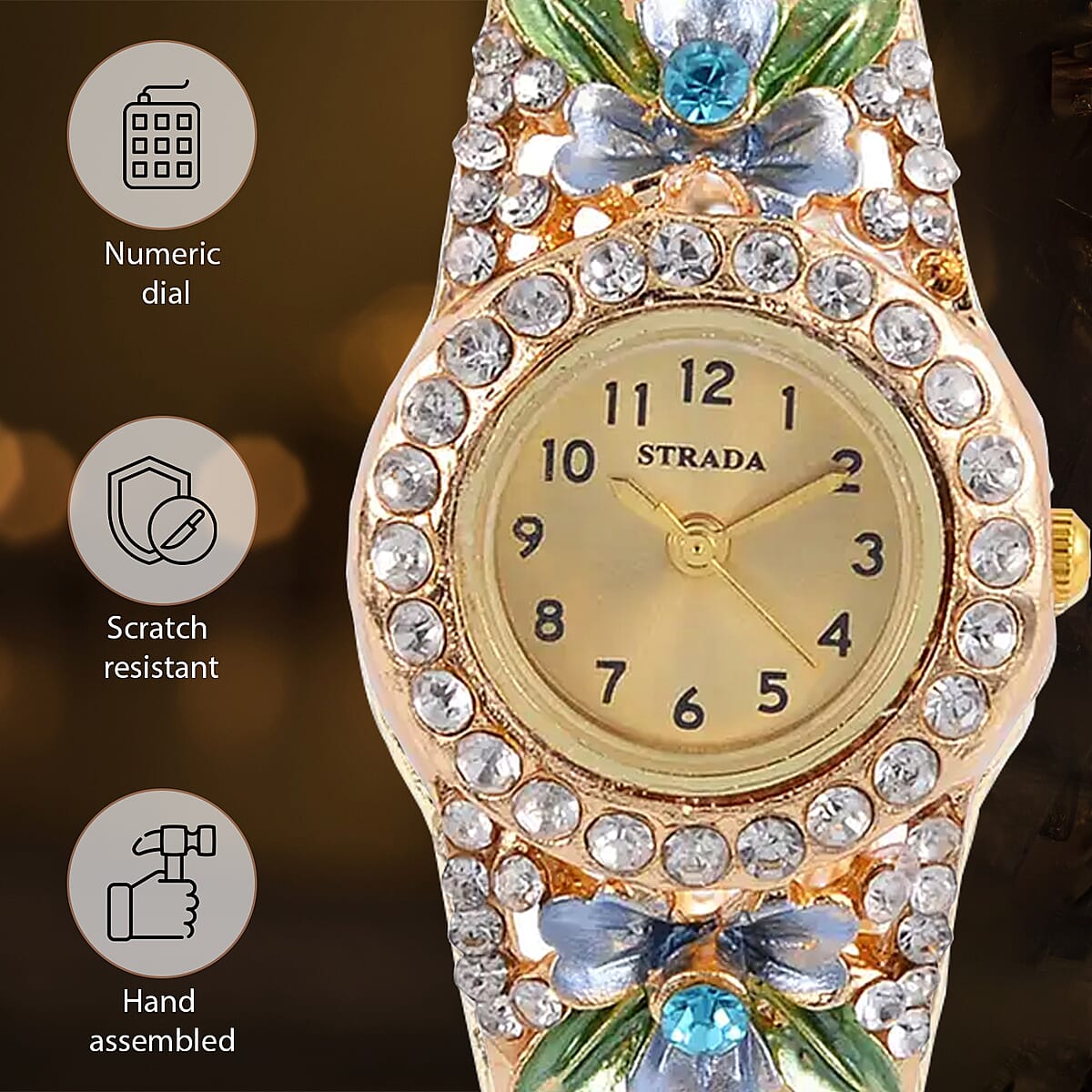 Strada Multi Color Austrian Crystal 3.75 ctw Japanese Movement Flower Pattern Bangle Watch in Goldtone (23.87mm) (6.50 in) image number 4